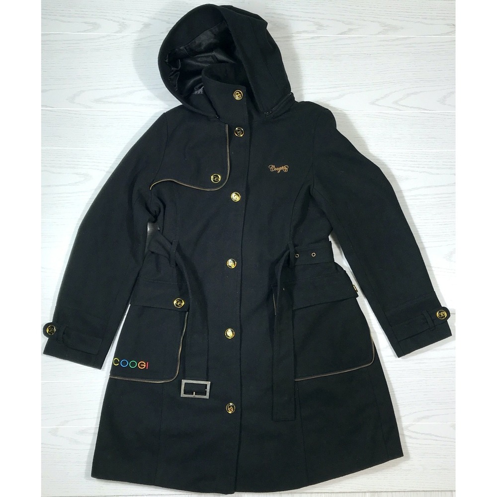 Womens COOGI Pea Coat Size XL Black Hooded Belted Poly Wool Button Up Lined Y2K